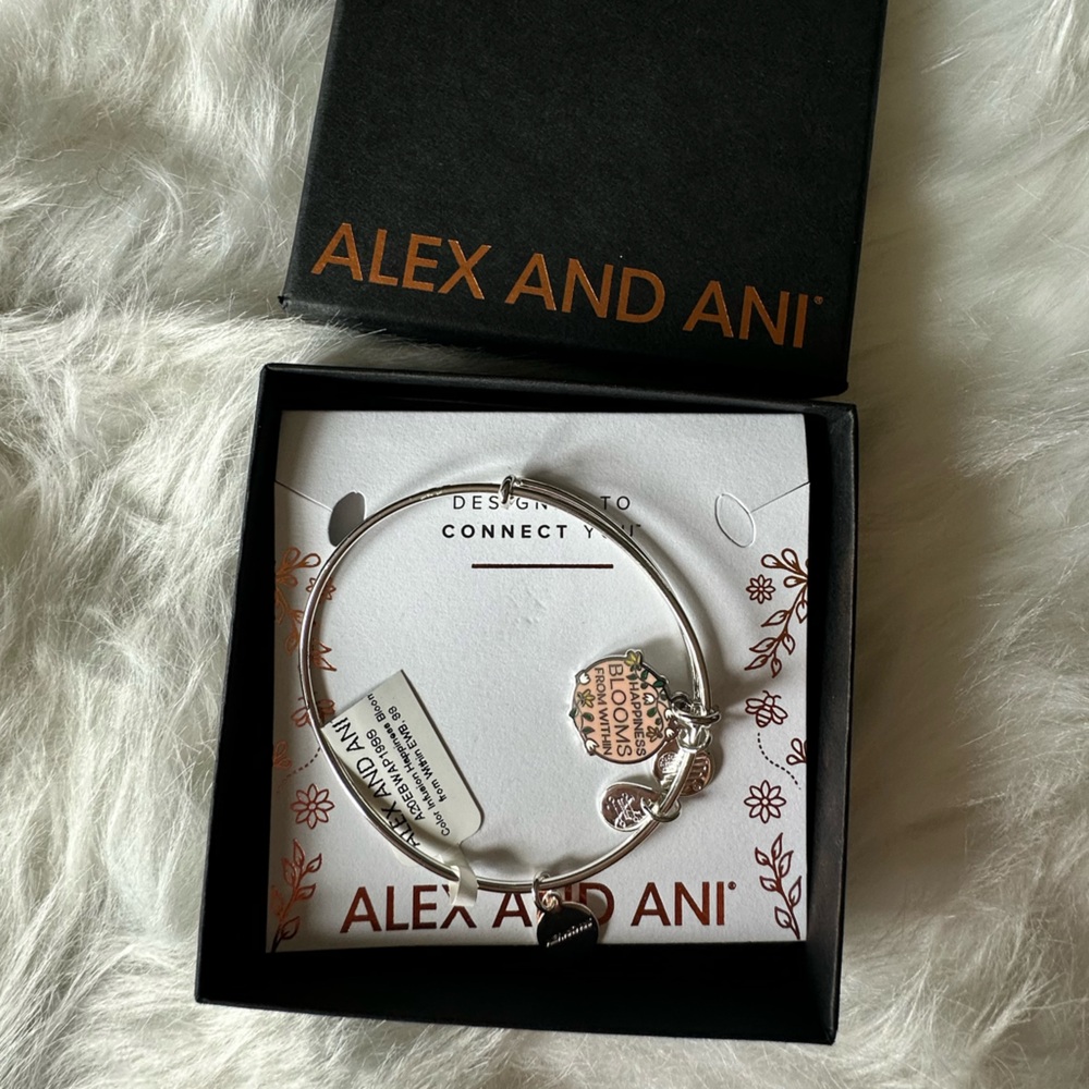 Alex and Ani charm bracelet silver “happiness blooms from within” NWT